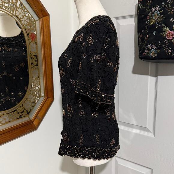 VTG 90s Mes Ami Black Silk & Shifty Gold Floral Floral Whimsy Beaded Sequin Top - Picture 4 of 8